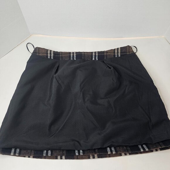 Women Plaid Mini Skirt Brown Black Wool Blend Autumn Size L Side Zip - Picture 5 of 11